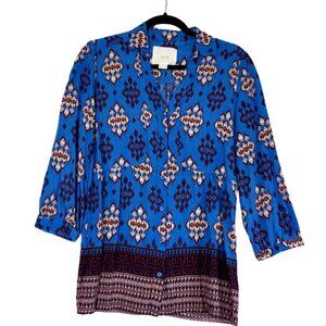 Anthropologie Maeve Button Down Top-Ikat Blue-Size 8-Boho Rayon
